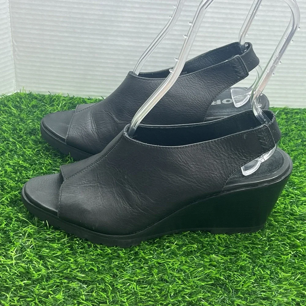 Sorel After Hour Black Leather Peep Toe Slingback Heeled Wedge Sandals Sz 10.5‎